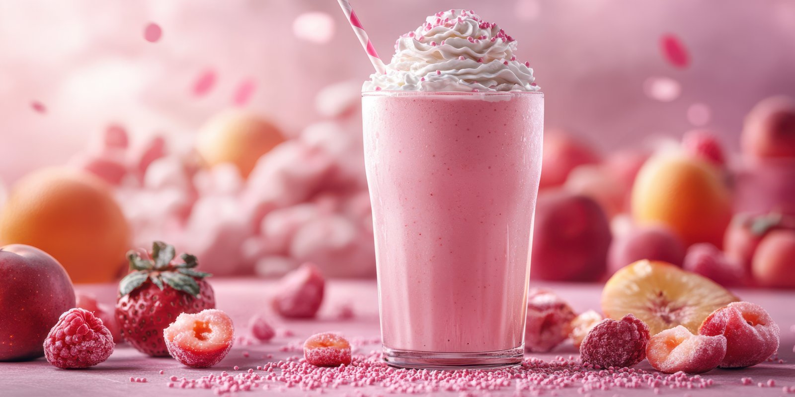 Creamy pink smoothie topped with whipped cream and colorful sprinkles surrounded by fresh fruits